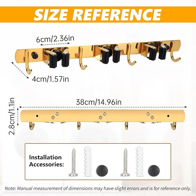3 Racks and 4 Heavy Duty Hooks Mop and Broom Holder Wall Mount, Non-slip Organizer Storage Utility Tool Racks for Garage,Kitchen,Laundry Room,Garden. Gold