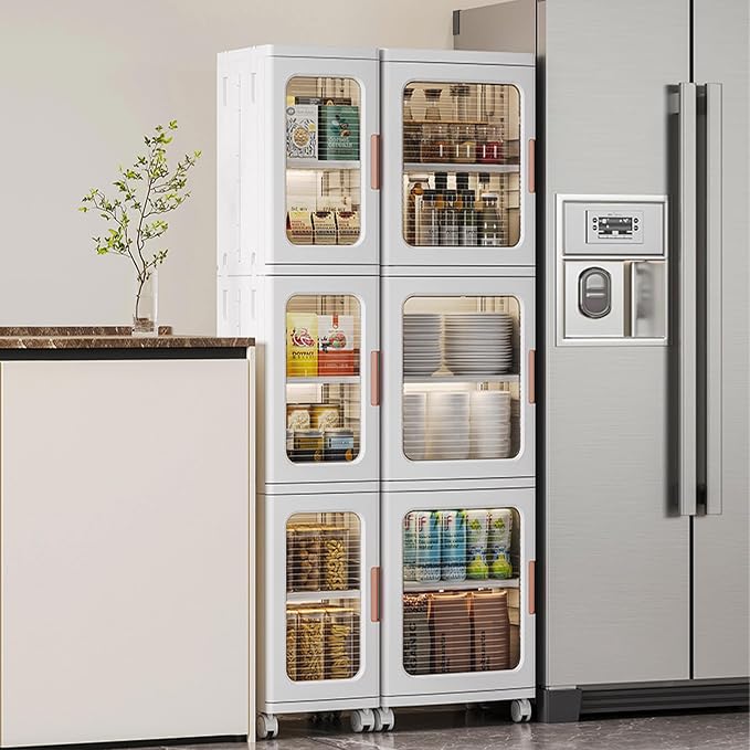 Tall Narrow Storage Cabinet, Plastic Organizer with Wheels, 4-Tier/White | Foldable Slim Cabinet for Bathroom, Kitchen, Laundry and Small Spaces, Adjustable Shelves & Magnetic Doors, Movable Wheels