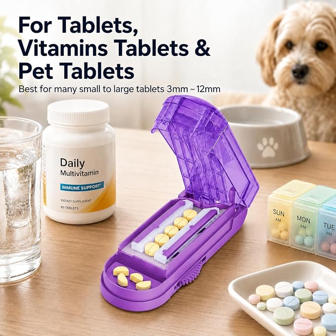 ONE PIX Pill Cutter Splitter for Small and Tiny Pills, Multiple Pill Splitter with Centering Device & Hidden Blade, Adjustable Tablet Cutter for Large Pills, Seniors, Pets, Purple