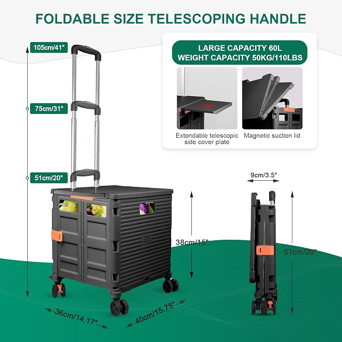 FELICON SELORSS Folding Utility Cart Portable Rolling Crate Handcart-Black | Magnetic Sliding Lid,Telescoping Handle,Plastic Box Dolly,360°Swivel Wheels for Travel Shop Move Laundry Office Teacher Use