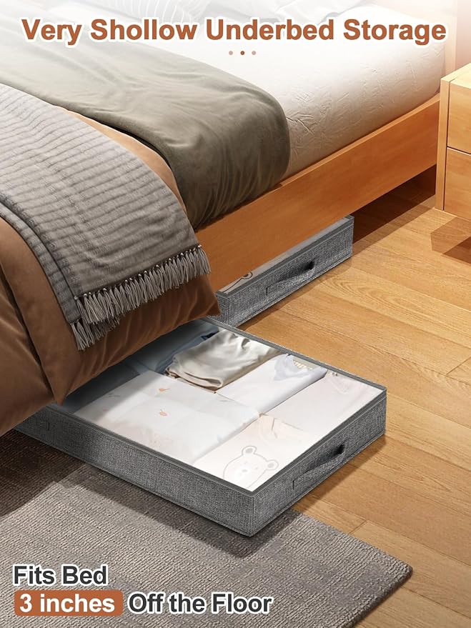 punemi 3 inch High Soft Low Profile Under Bed Storage Bins, 2 Pack, Grey | Foldable Clothes Storage with Zippers & Clear Lids, Small & Shallow Design for Under Sofa,Couch, Dorm & College Bed Storage