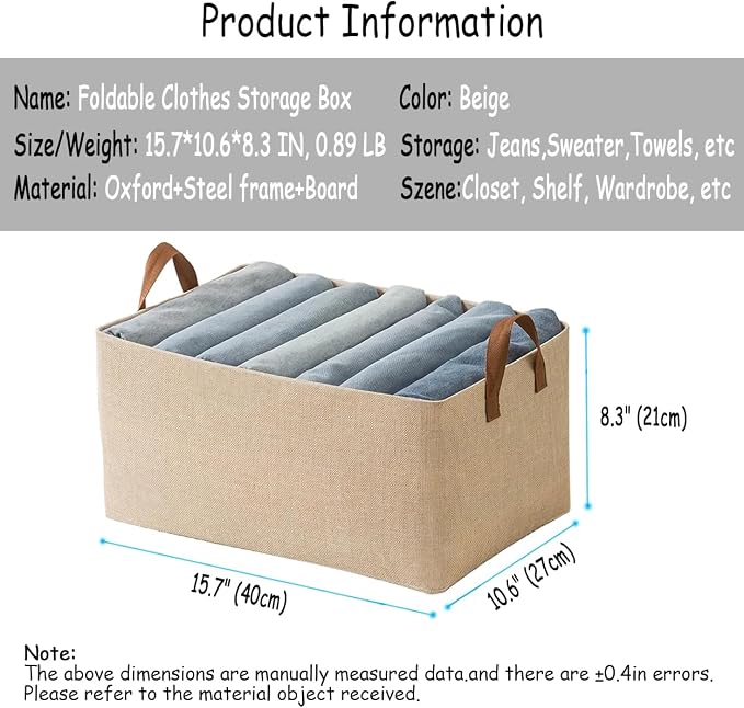 AARAINBOW Linen Closet Organizer Storage Bin with Steel Frame, Stackable Fabric Jeans Baskets for Shelves, 4 Packs Foldable Wardrobe Clothes Box for Sweater Pants Clothing Towel Shirt Felt, 23L Beige