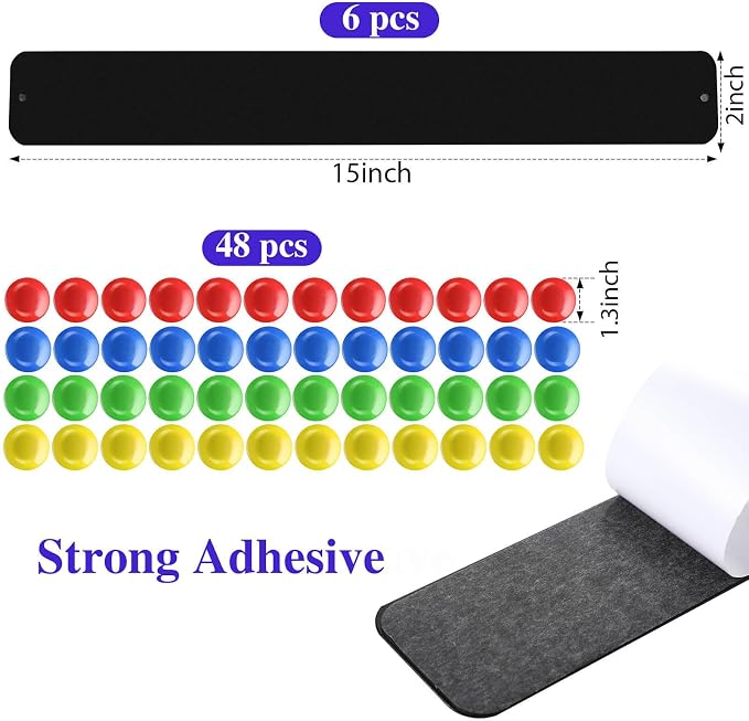 Outus 6 Pcs Magnetic Wall Strips 15" x 2", 48 Magnets, Black | Metal display strips for notes, photos and memos; ideal for office, home, classroom and workspace.