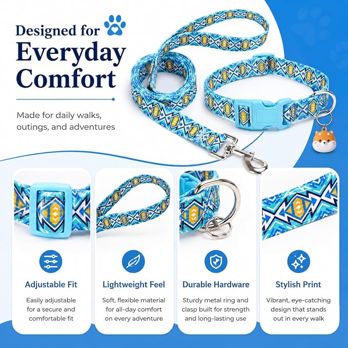Matching Dog Collar and Leash Set with AirTag Holder-Blue Lattice/S | Anti-Lost,Adjustable Durable Pet Collar Leash Combo for Small Boy Girl Dogs,for Outdoor Walking Hiking Training Running