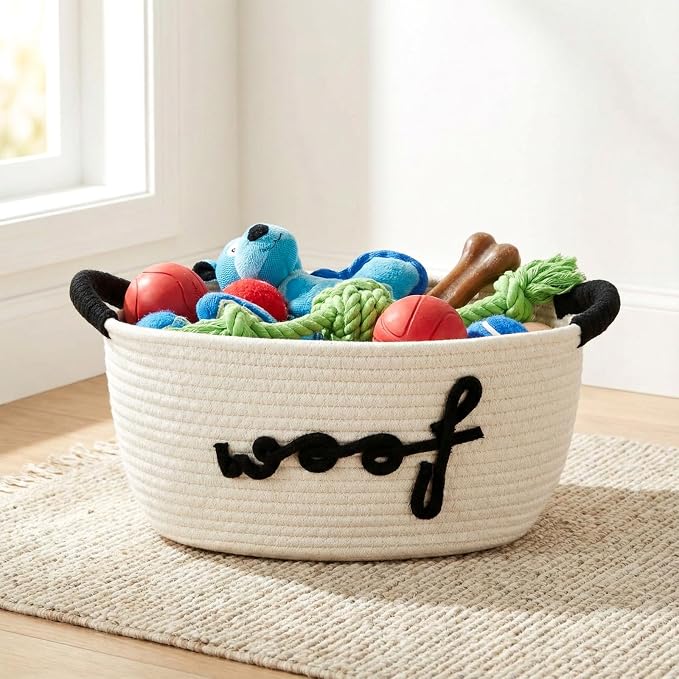 Dog Toy Storage Basket with Handles, 11.8 x 7.5 x 6.7 Inch Cotton Rope Dog Toy Storage Bin Woven Pet Organizer Shelf Basket for Pet Chew Toys, Foods