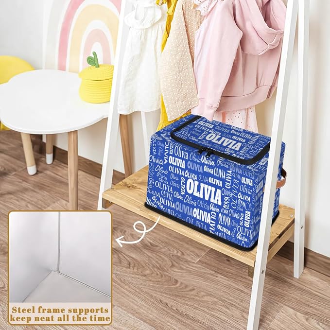 Custom Rectangle Storage Basket Zipper Lid, Personalized Name Navy Blue Organizer Bin for Pet/Children Toys, Books, Clothes, Perfect for Rooms/Playroom