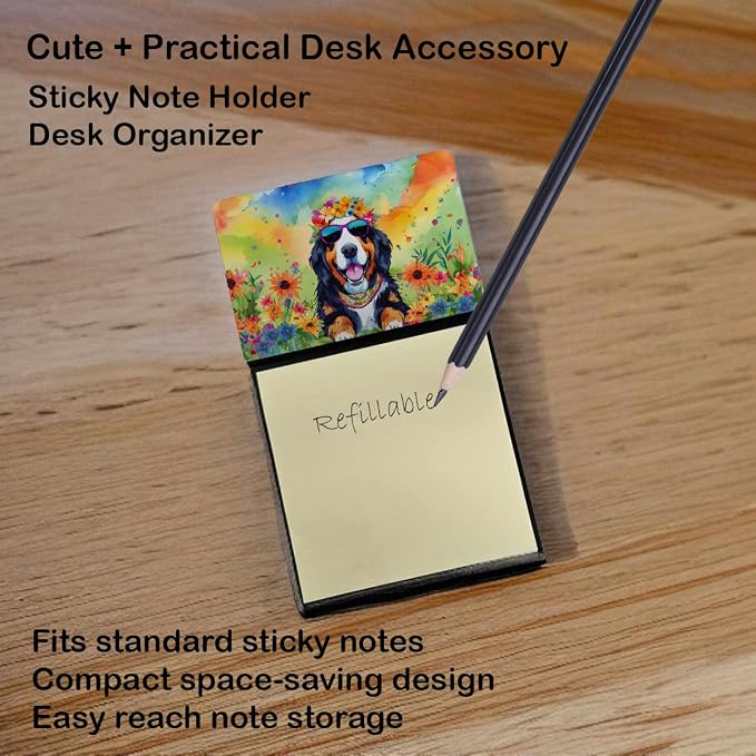 Caroline's Treasures Bernese Mountain Dog Hippie Dawg Sticky Note Holder Refillable Dispenser Self-Sticky Note Pads, Memo Pads Blank Desk Accessories