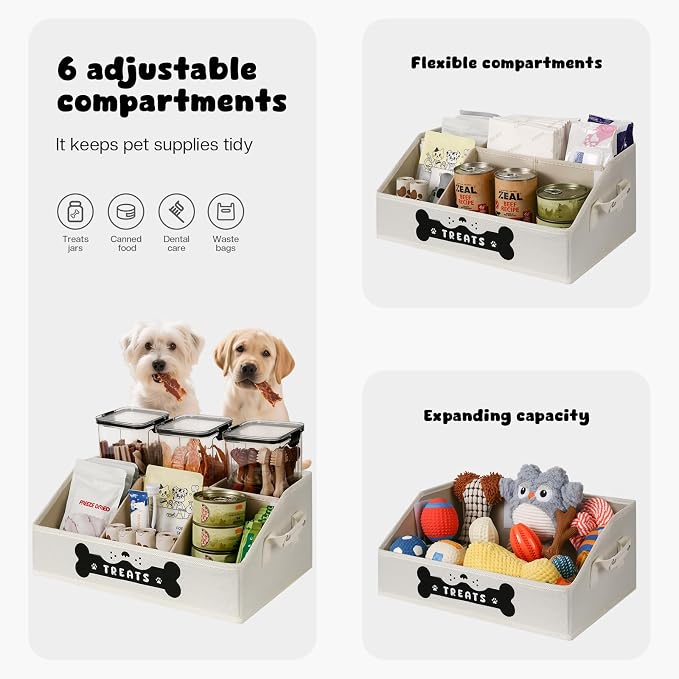 Dog Treat Container, Dogs Storage Organizer with Removable Dividers, Collapsible Dogs Treat Holder for Countertop, Trapezoid Pet Treats Containers, Dog Toy Basket with PU Handles, Medium, Beige