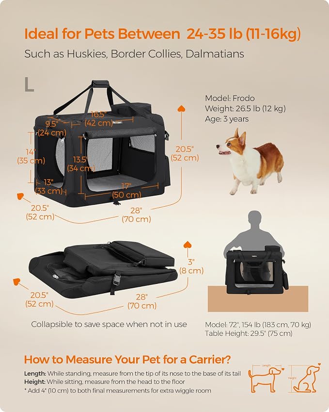Feandrea Collapsible Soft Dog Crate, Portable Travel, 28 Inches | Dog Carrier Kennel with Safety Zippers for Living Room, Car, Travelling, Black UPDC70H