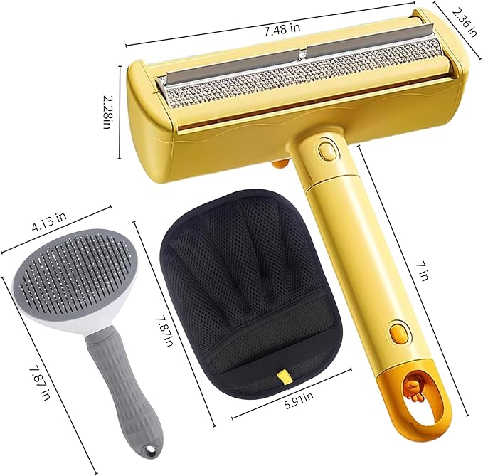 Roller Pet Hair Remover，Self Cleaning Shedding Brush，Cat Brush for Shedding, Pet Hair Removal Glove for Dogs & Cats, Gently Remove Fur from Furniture, Laundry, Carpet & Car Seats，3 Piece Set (Yellow)