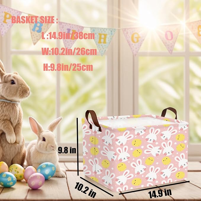 Large Cute Easter Basket for Kid Empty Gift Baby Rectangle Storage Bin Bunny Eggs Boy＆Girl Room Décor (Rabbit Chicken Star Pink)