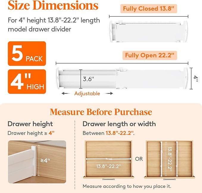 Lifewit 5 Pack 4" High Drawer Dividers, Adjustable Drawer Organizer Clothes | 13.8"-22.2" Expandable White Plastic Separators for Dresser, Kitchen, Cabinet, Nursery, Office, Socks & Underwear Storage
