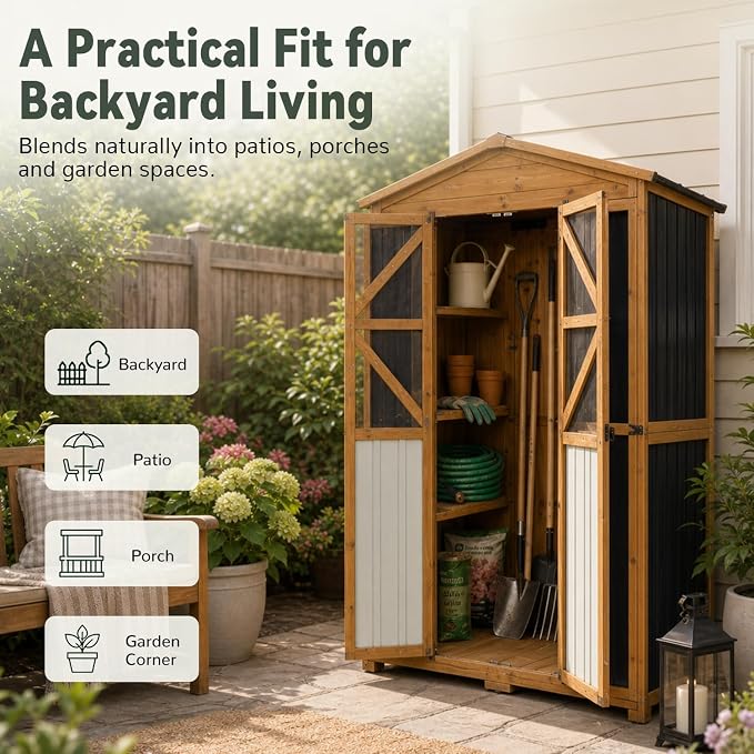 Ketive Outdoor Storage Cabinet, 72-Inch Tall, with Adjustable Shelves | Fir wood frame, metal panels, sloped asphalt roof, hooks and ground stakes for patio and backyard organization.
