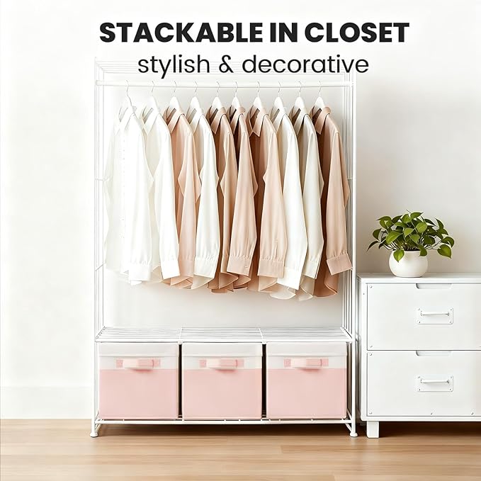 Large Closet Organizer Bins with Lids 8 Pack - Pink Storage Baskets for Shelves Nursery Bedroom Dorm RV - Stackable Decorative Closet Organization Box with Handles for Clothes Purse Blanket Towel