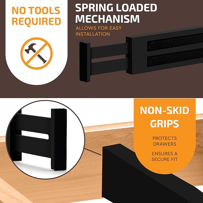 6-Pack Drawer Dividers 2.6-Inch High Dresser Organizer 16 to 22 Inch, Black | Bamboo, Spring Loaded, No Tools Needed, Fits Wide Drawers for Socks, Clothes, Utensils, Bedroom, Bathroom, Kitchen, Office