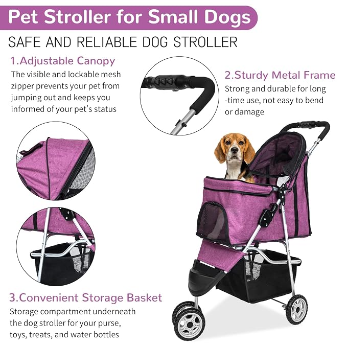 BLKMTY 3 Wheels Dog Stroller, Foldable Stroller for Cat, Dogs Waterproof Travel Carrier Strolling Cart for Puppy Small Dog Jogger Strollers W/Cup Holder & Storage Basket, Purple
