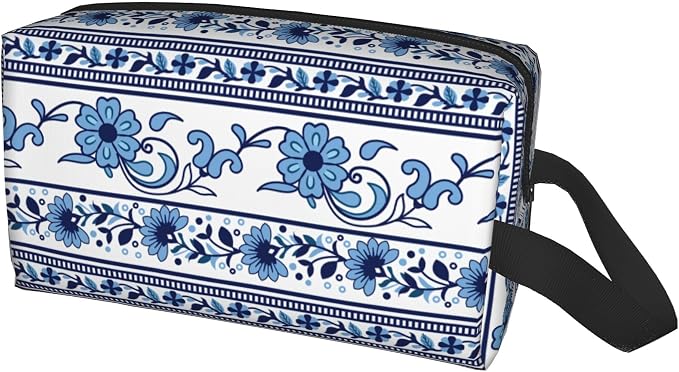 Blue & White Aesthetic Makeup Bag - Durable 600D Oxford Fabric Travel Cosmetic Bag, Shockproof Foam Padded Toiletry Organizer for Gym & Daily Use 10x6.2x4.9 Inch