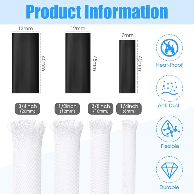 Tatuo 65.6 ft Braided Cable Sleeve Expandable Wire Sheathing(White) | with 120 Heat Shrink Tubing 1/4 in 2/5 in 1/2 in 3/4 in Wire Sleeve Cord Management for Television Audio Computer Video Pets