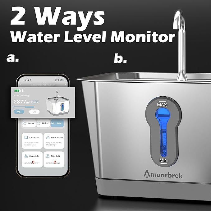 Amunrbrek Wireless Cat Water Fountain, 3.5L Stainless Steel, Smart App & Motion Sensor Control, Battery Operated, Silent Pump, Low Water Alert & Drinking Tracking