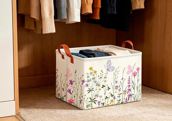 CLOCOR Rectangular Storage Basket Empty,Gift Basket,Waterproof Storage Bin with Handles,Room Decor(Flower)