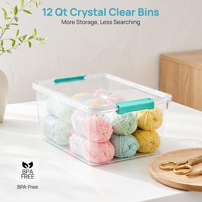 Vtopmart 4 Pack 12 Qt Clear Craft Storage Bins with Lids and Latches | Stackable PET Plastic Storage Box for Art & Craft Supplies, Paper, Toys, BPA-Free Containers for Organizing