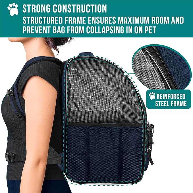 PetAmi Dog Backpack Carrier Airline Approved Cat Pet Puppy Bag, Navy | Ideal for Small Medium Large Pet up to 18 lb, 2 Side Entry Structured No-Collapse Frame, Ventilated Bookbag for Hiking Travel