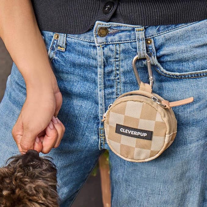 Cleverpup Snackpack Double Insulated Dog Treat Pouch – 1.5 Cup Capacity, 2 BPA-Free Waterproof Zipper Pockets, Carabiner for Belt/Leash – Compact Training & Travel Bag – Checkerboard