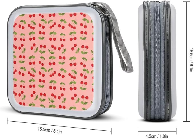 Hard Shell DVD CD Organizer Pink Cherry Fruit Theme Cherries, 40-Disc Storage Binder with Zipper Closure, Portable Protective Case for Travel Home