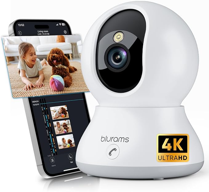 blurams 8MP Indoor Camera, 360° PTZ Baby Monitor, Pet Camera with Phone App, One-Touch Call, Free Human/Pet/Motion/Sound/Cry Detection, Dual-Band WiFi 6, Compatible with Alexa