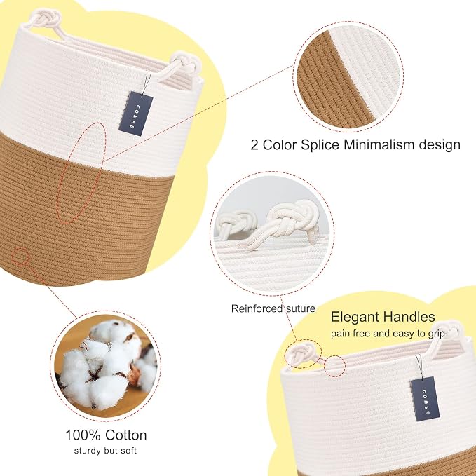 COMSE Tall Woven Blanket & Laundry Basket, 72L, White & Camel | 15.7”x 21.7”, Cotton Rope, Large Nursery Hamper for Storage of Toys Clothes Towels, Great for Living Rooms Bedrooms Bathrooms