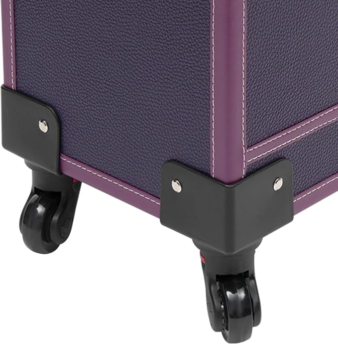 Rolling Makeup Train Case, Aluminum Cosmetic Trolley Organizer with Sliding Drawers, Barber Case with Key Swivel Wheels, Travel Cosmetic Organizer for Hair Stylists,Pet Groomers,Makeup Artists, Purple
