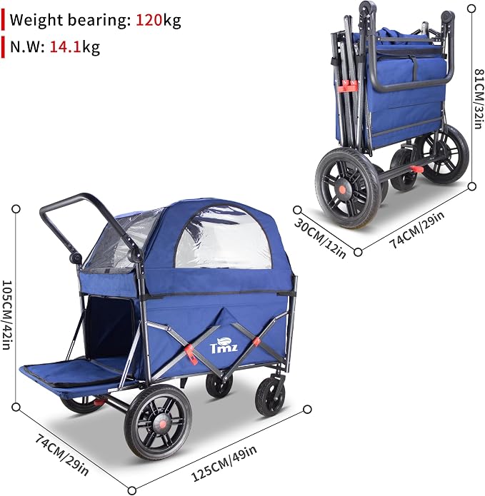 TMZ Collapsible Wagon Cart, Folding Utility Wagon with Breathable Fabric, Canopy, Expandable Storage, Adjustable Handle, Brake, Heavy Duty Cart for Walking & Camping (Blue)