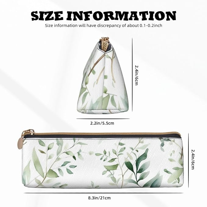 Leather Pen Case with Zipper - Aesthetic Pen Holder White Natural Greenery Twig Pencil Case for Women & Men - Handcrafted Pencil Bag Multi-Functional Travel Cosmetic Case for Work Office Tool Pouch