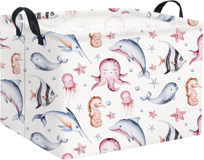 Rectangular Ocean Basket for Kids Baby Basket for Boys and Girls Cute Storage Organizer Bin Box Sea Fishes Room Decor(Sea Fishes)