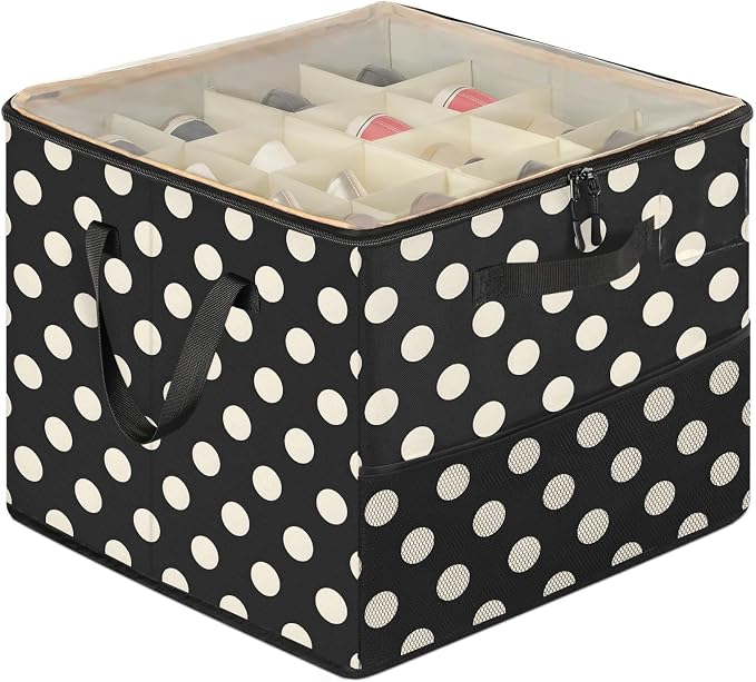 TropicalLife Black White Polka dot Shoe Organizer for Closet | Foldable Shoe Storage Box Bin 16-32 Pair Shoe Storage for Sneakers, Boots & Heels with Adjustable Dividers, Clear Cover