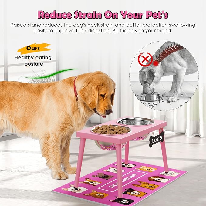ADENGL Raised Dog Bowl Stand for Large Medium Dogs, Elevated Dog Bowls with Sprill Proof Mat &Two 58OZ Stainless Steel Bowls,Pink