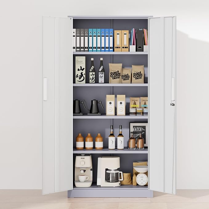 Greenvelly Metal Storage Cabinet, 72" Locking Metal Garage Storage Cabinet with Doors and 4 Adjustable Shelves, Lockable Steel Cabinet for Home Office, Garage, Shop, School (White Grey 32" W x 16" D)