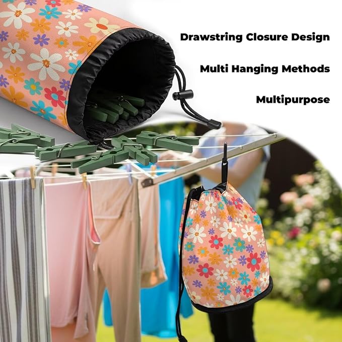 Floral Clothespin Storage Pouch Drawstring, Laundry Peg Bag Organizer with Multi-Hang Button, Portable Clips Holder for Drying Rack, Camping, Travel & Dorm