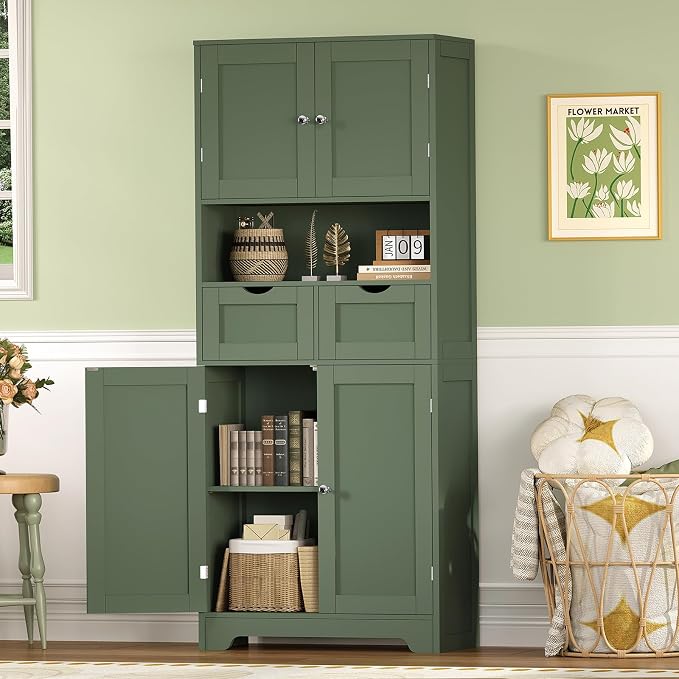TEENFON 57.8" H Tall Bathroom Storage Cabinet with 2 Drawers & 2 Adjustable Shelves, Floor Cabinet with 4 Doors, Tall Cabinet for Living Room, Dining Room, Entryway, Forest Green