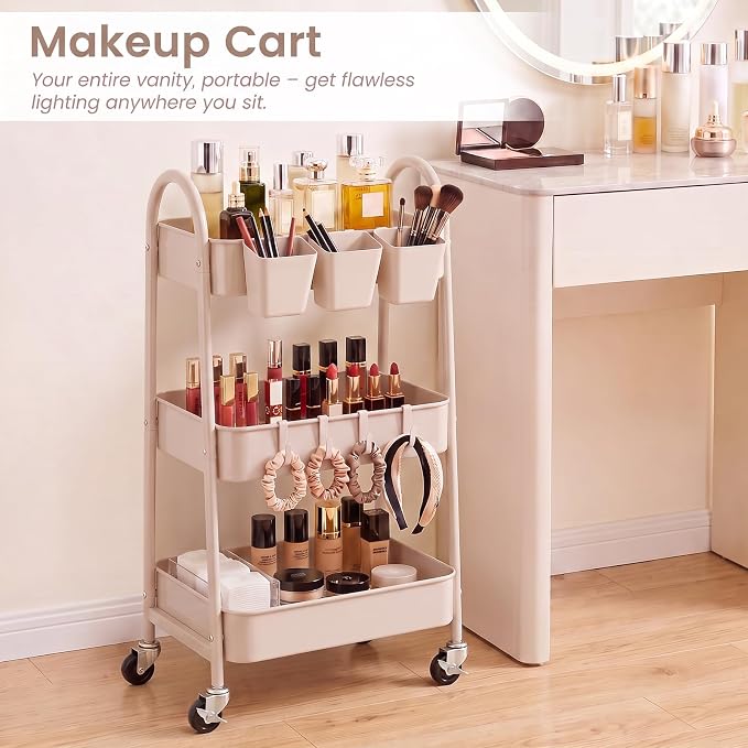 danpinera 3-Tier Rolling Cart, Utility Cart Mobile Metal Rolling Storage Cart with Lockable Wheels & Hanging Cups & Hooks for Kitchen, Bathroom, Office, Workshop, Beige