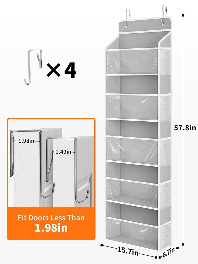 JARLINK Over The Door Toy Storage Organizer w/Clear Window, Grey, 2 Pack | Anti-Tilt 44 lb Load Capacity, Baby Toy Storage Organizer for Stuffed Animals, Nursery, Kid Bedroom, Newborn Baby Essentials