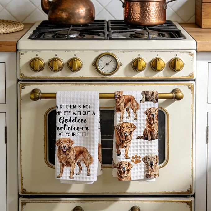 Golden Retriever Waffle Weave Kitchen Towels, Quick Dry Multipurpose Hand Towels for Bathroom, Absorbent Reusable Cloth Tea Dish Towels for Home Decor, Dog Lover Gift Towel Set of 2