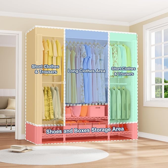 E3C White Clothes Rack with Beige Cover, Heavy Duty Garment Rack | Freestanding Metal Closet System Storage Organizer for Clothing, Clothing Rack Holds up to 850 lbs, 59.5"W x 16.5"D x 77.4"H