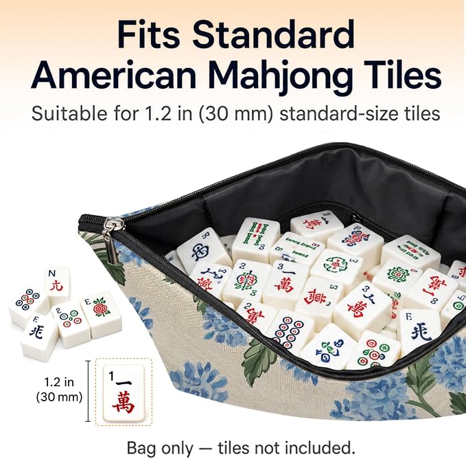 Blue Hydrangea Empty Mahjong Tile Bag 13x7.8 Inch | Blue Hydrangea Portable Travel Case Organizer Zipper Pouch for American Mahjong Tiles Game Night Accessories and Gifts