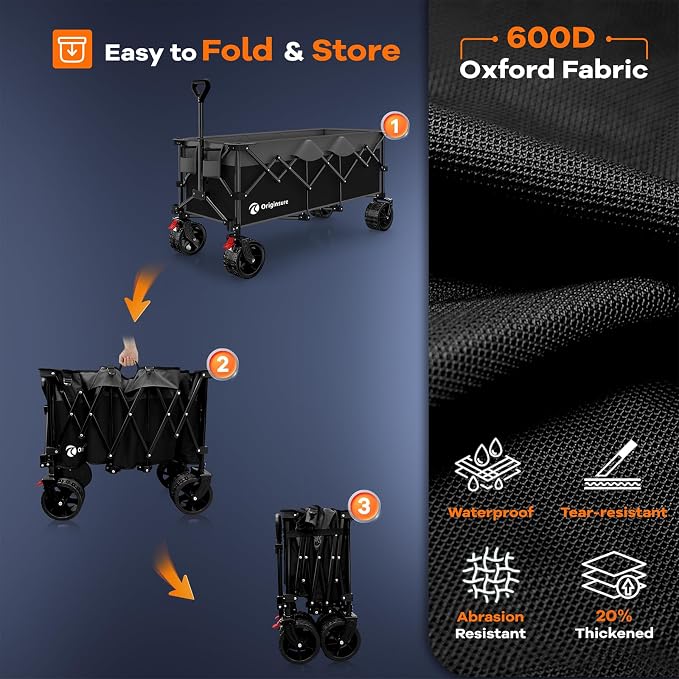 Originsure 300L Beach Wagon Cart Foldable with Big Wheels,560lbs,Grey&Black | 48" Folding Utility Wagon,7" All-Terrain Wheels,Heavy Duty Frame,Compact&Space-Saving,for Camping,Sports,Grocery,Garden