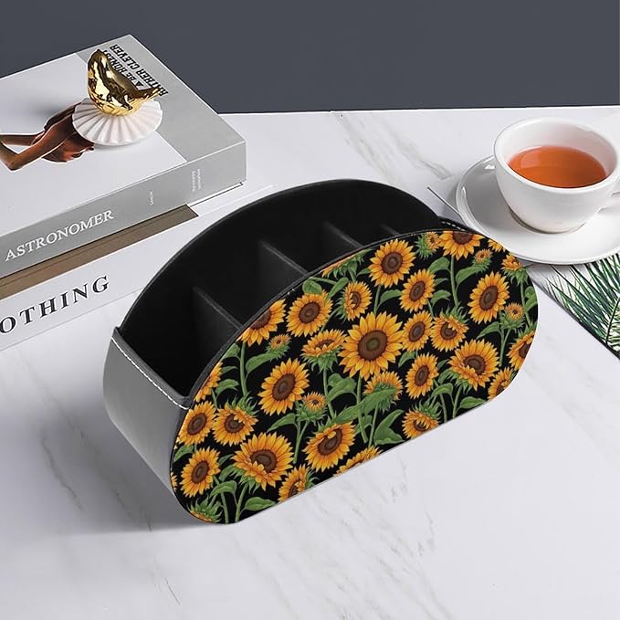Leather Remote Control Holder Giant Sunflower Black Office Desk Organizer | with 5 Compartments, Giant Sunflower Black Caddy Storage Box for TV Remotes, Media Controllers, Makeup Brush