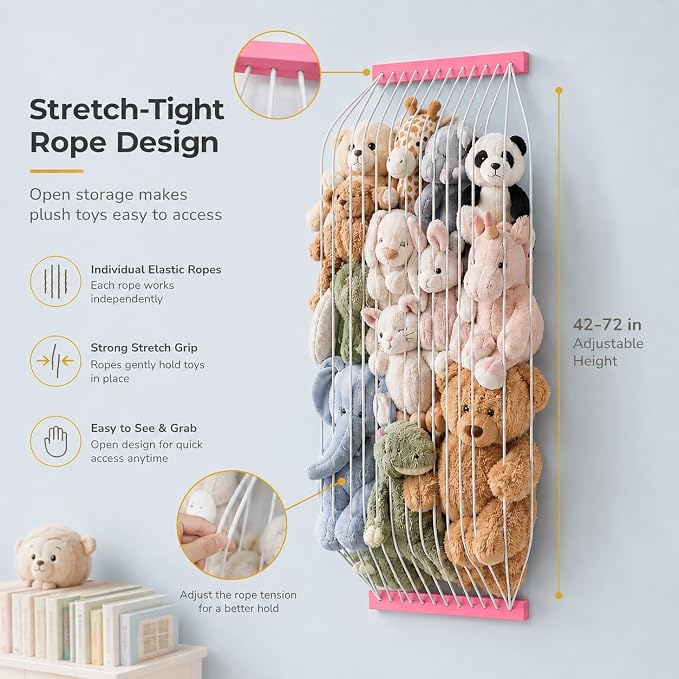 Stuffed Animal Storage Wooden Soft Toy Storage for Kids Room，Wall Mount Door Hanging Stuffed Animal Toy Organizer Shelf for Nursery Play Room Pink -Patent