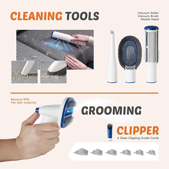 Sweetcrispy 2.5L Cup Professional Pet Grooming Vacuum Kit, 3 Suction Modes and 5 Groomer Tools with Cordless Low Noise Dog Clippers for Cats, Other Animals Hair Trimmer, White-Blue