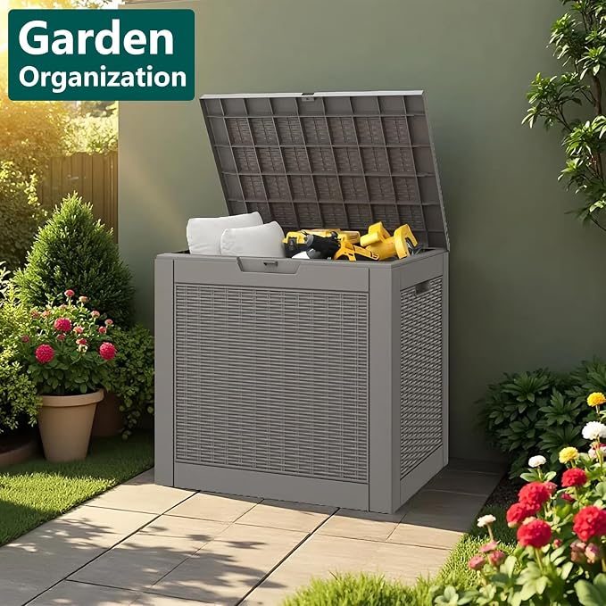 30 Gallon Outdoor Storage Box, Resin Deck Boxes Indoor and outdoor, Waterproof Storage Box Lockable Lid for Garden Tools, Package Delivery, Pool Supplies, Patio Cushions, Grey
