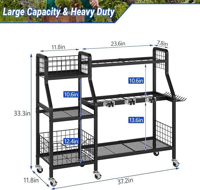 keomaisyto Heavy-Duty Garden Tool Organizer with 6 Wheels and 2 Baskets | 3 Lockable Casters, Large Metal Yard Tool organizer, Garage Tool Organization and Storage for Shed/Yard/Broom Closet/Lawn